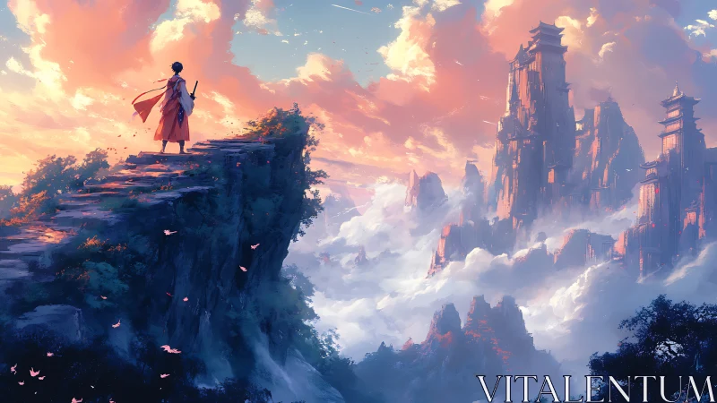 Lone wanderer greeting sunlit sky temples above clouds.