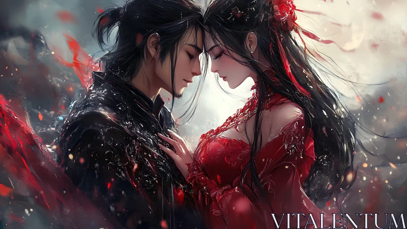 Stormlit lovers in crimson silk vow beneath swirling embers.
