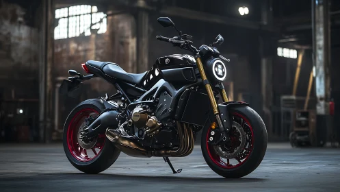 Modern naked motorcycle is parked in an empty industrial hall