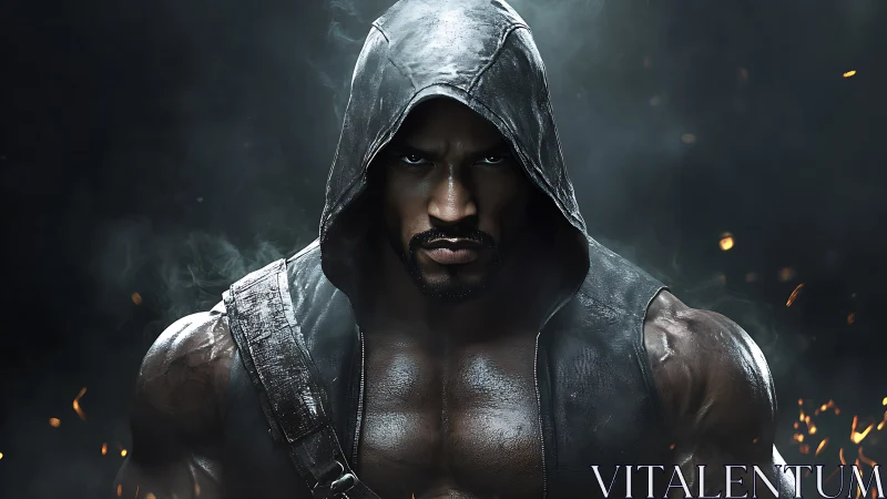 Muscular hooded warrior rendered with cinematic lighting and smoke
