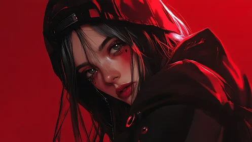 High contrast red-lit portrait of hooded girl in semi-realistic style