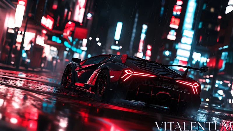 Cyberpunk supercar rear view in neon-soaked night street scene.