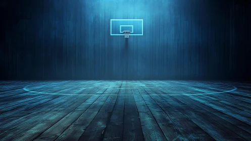 Cinematic basketball court rendered in moody blue arena light