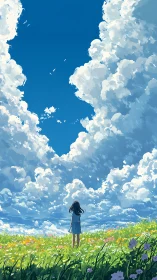 Girl stands in flower field under towering cumulus clouds