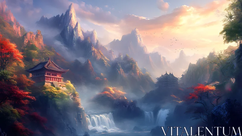 Fantasy mountain landscape with temples and waterfalls.
