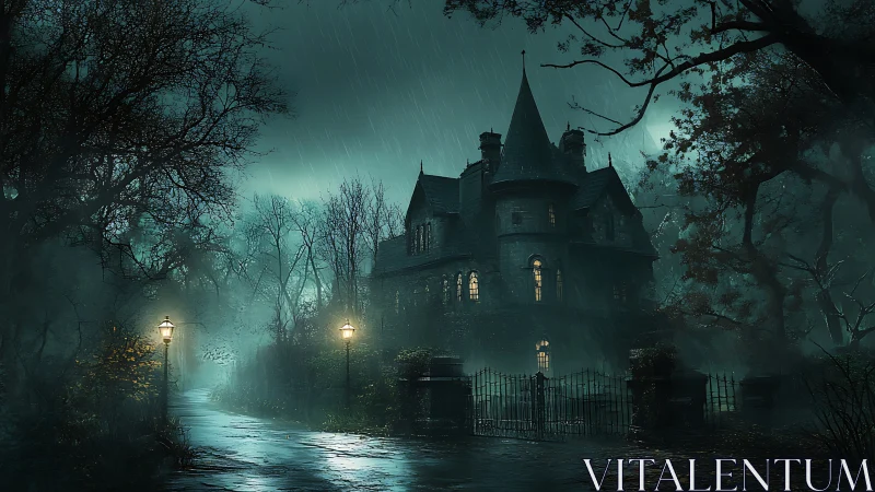 Gothic mansion in rainy forest setting with lamplit path.