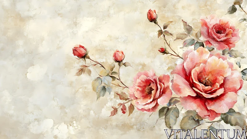 Vintage Pink Roses Bloom Against Distressed Cream Background