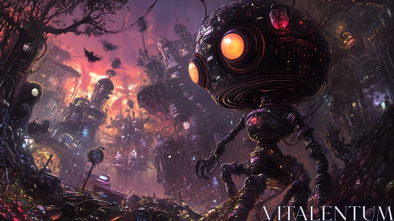 Gigantic orb-headed scout robot in dense neon cyber-slum