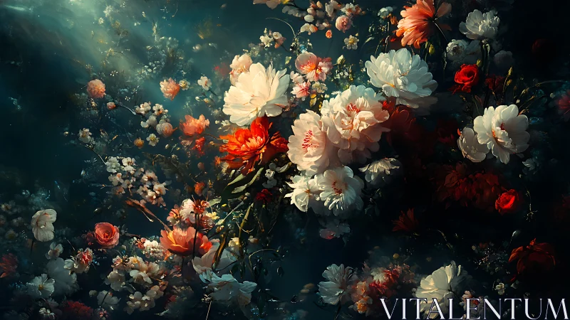 Floral composition with layered blooms arranged against deep teal backdrop