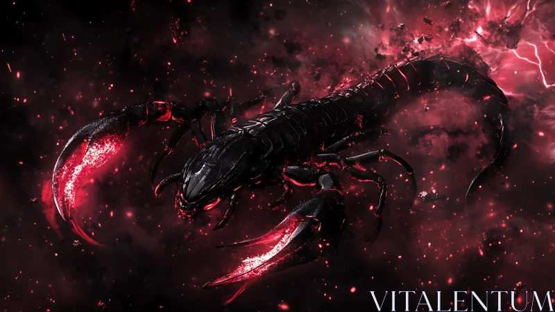 Black armored scorpion in red cosmic storm clouds.