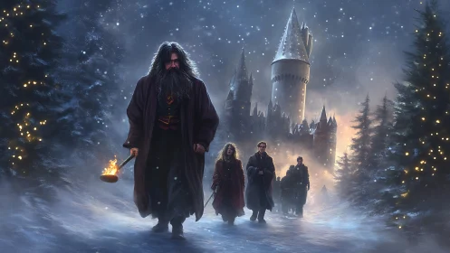 Snowy wizarding procession crosses a glowing winter castle