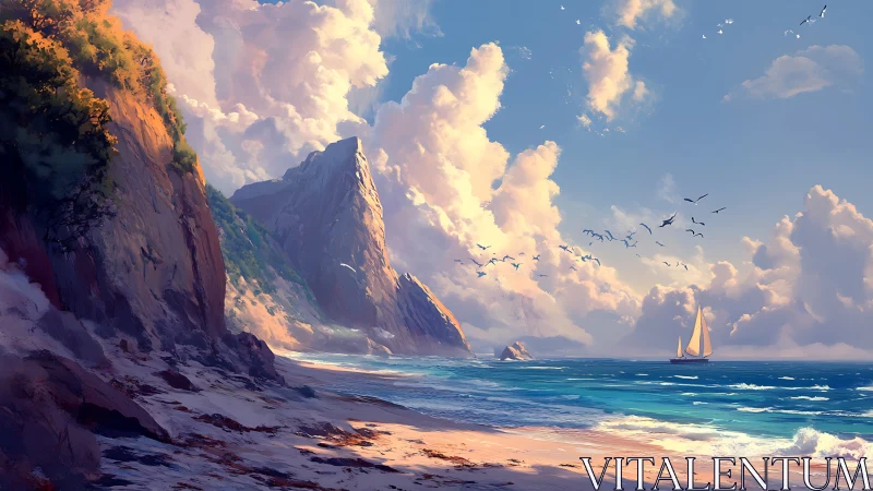 Cliff-Framed Sailboat at Golden Hour.