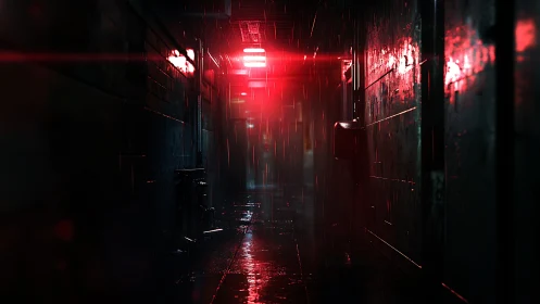 Moody neon alleyway glowing through rain and quiet shadows.