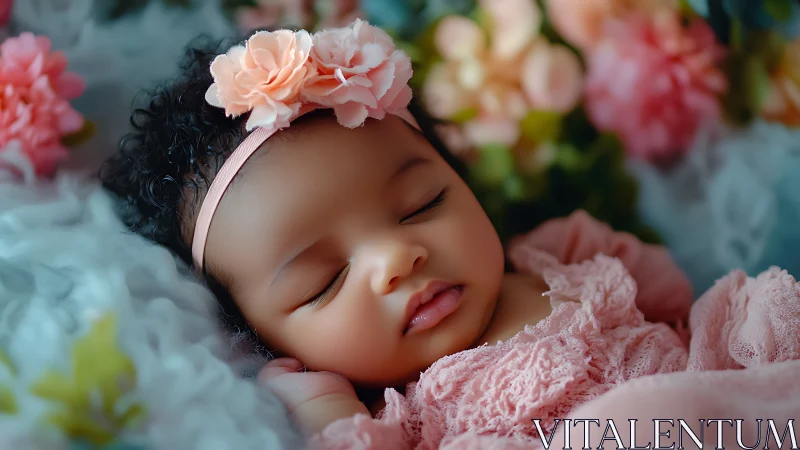 Newborn portrait with floral headband and pastel lace dress.