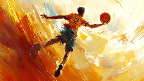 Basketball player elevates toward hoop in dynamic swirl field