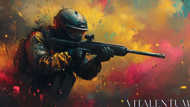 Tactical Operator with Precision Rifle Against Chromatic Fire Backdrop.