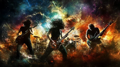 Electric rock band glowing against a colorful cosmic sky.
