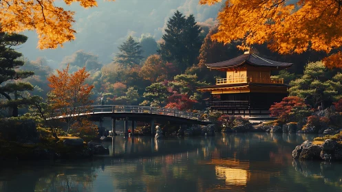 Golden lakeside pavilion wrapped in gentle autumn glow.