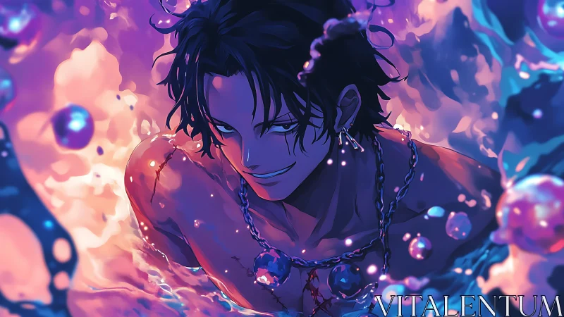 Male figure submerged in stylized water with neon lighting.