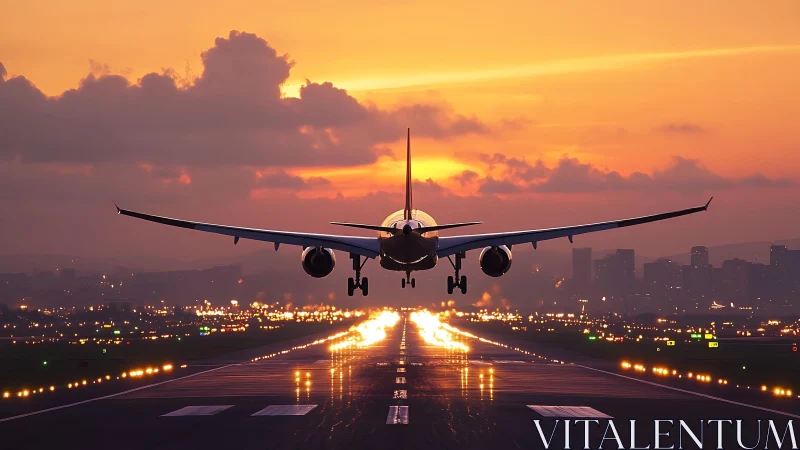 Passenger jet landing on illuminated runway at sunset.