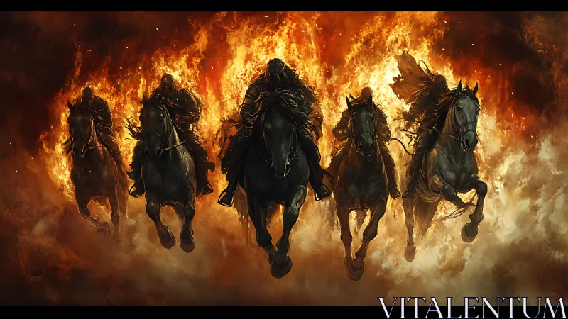 Riders in roaring fire surge forward on powerful warhorses