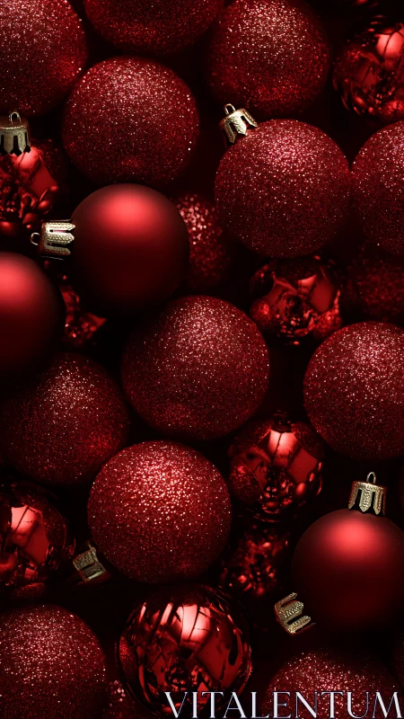 Red Christmas ornaments in dense festive arrangement.