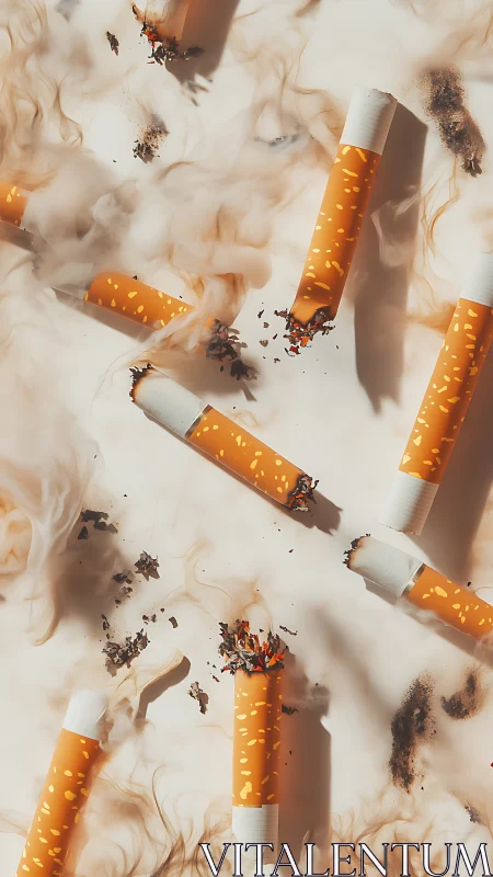 Swirling smoke surrounds scattered cigarette butts in warm light