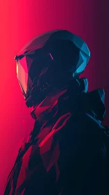 Neon lit space rider gazes ahead in sharp futuristic armor