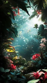 Backlit tropical understory renders volumetric light and dense flora