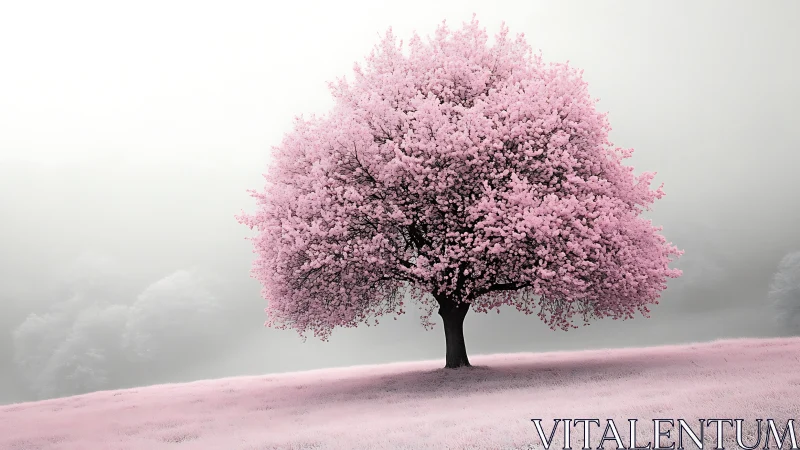 Solitary pink blossom tree on misty desaturated hillside.
