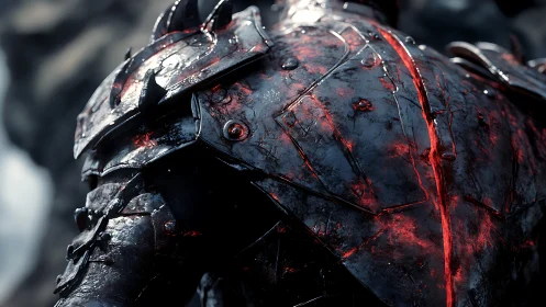 Heavily scarred black armor with molten crimson fissures.