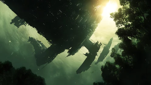 Massive orbital structure hovers above forested landscape