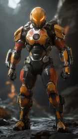 Armored exosuit warrior stands in molten cavern light