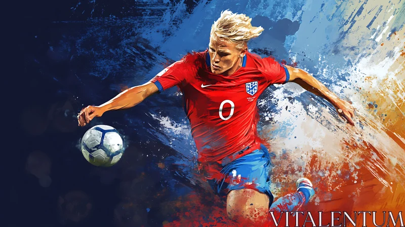 Dynamic football striker striking painted ball in motion blur