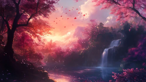 Pink forest valley with waterfall, lake, and distant peak.