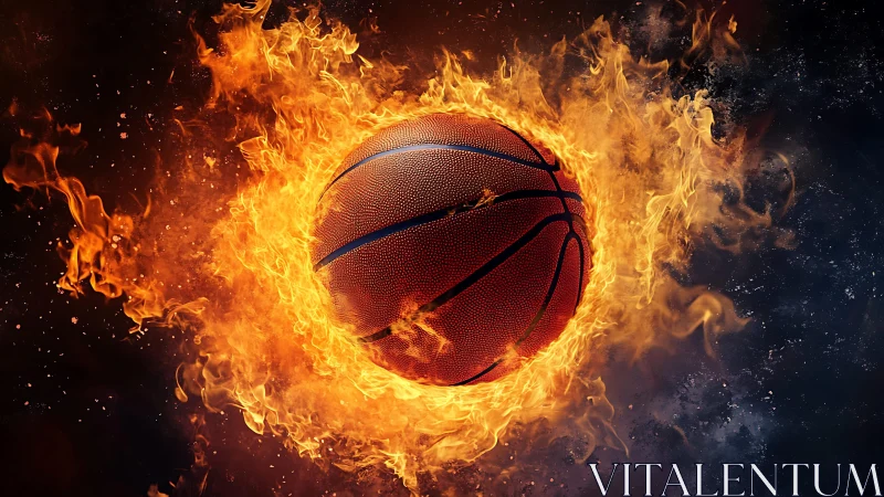Flaming basketball rendered with high-contrast lighting and dynamic fire simulation