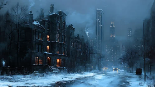 Snow-covered city street shows lit brownstone against skyline