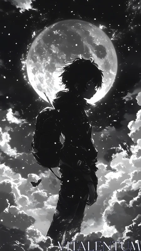 Moonlit traveler standing softly between clouds and stars.