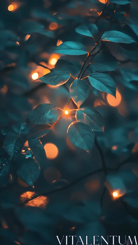 Dusky teal foliage lit by soft amber bokeh orbs.