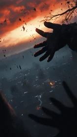 Reaching through embers toward a storm-lit burning valley.