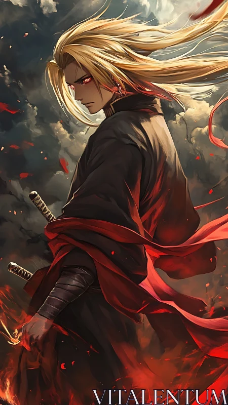 Brooding winged youth crouches under storm-tinted sky.