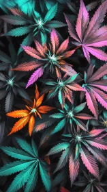 Multicolored cannabis leaves arranged in dense pattern.