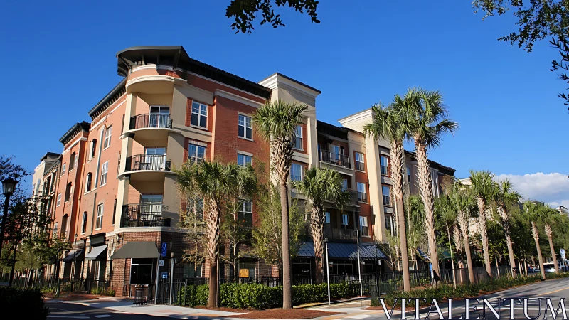 Modern mixed use apartment building with palm lined street.