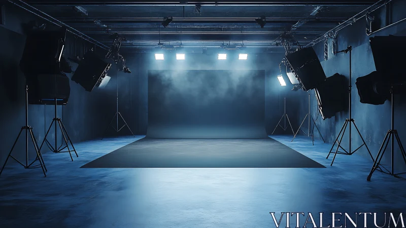 Empty professional photo studio glows under cool stage lights
