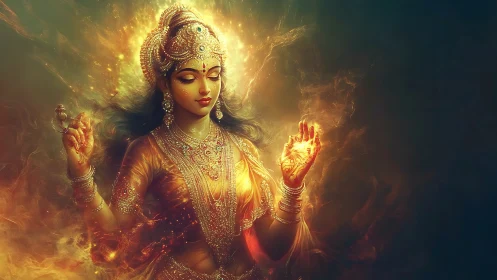Radiant goddess of fire stands in blazing divine serenity