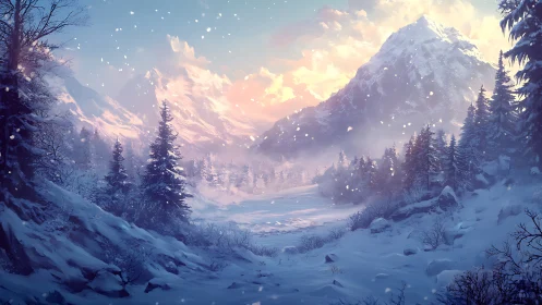 Luminous alpine valley under volumetric winter atmosphere.