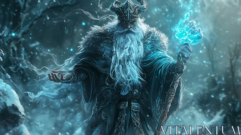 Ancient ice sorcerer commands stormlight in a frozen forest