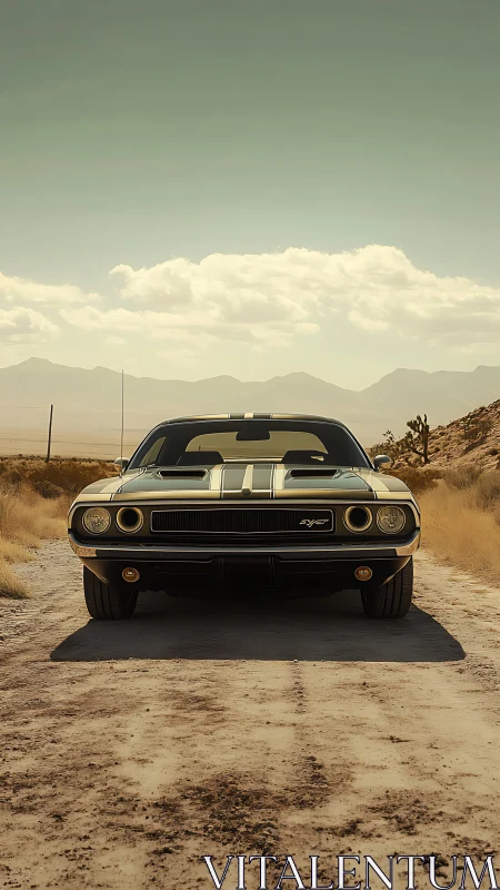 Classic muscle car is parked on an unpaved desert road