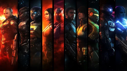 Futuristic armored squad portraits in segmented layout.