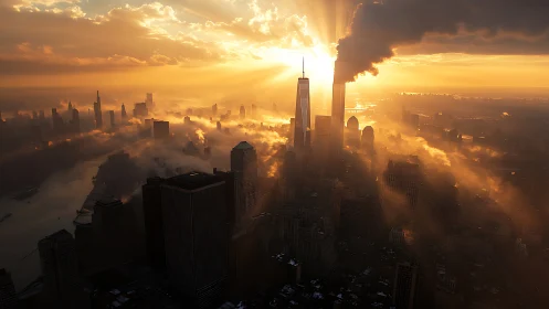 Dramatic sunrise over dense city skyline and towers.